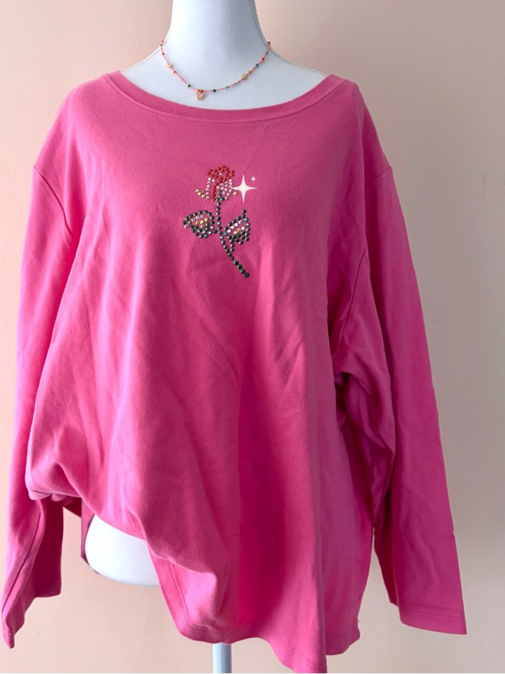 Vintage Pink Rhinestone Rose Oversized Lightweight Shirt